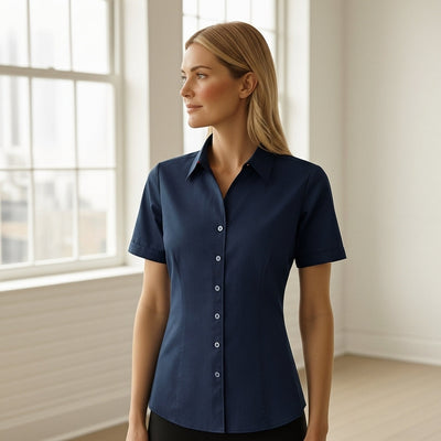 Biz collection ladies navy blue Bentleigh SS shirt with white buttons