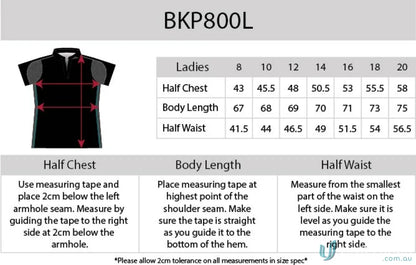 Clothing size chart for Ladies Black Kanvas Contrast Polo with Aegis Microbe Shield polyester cooldry tech