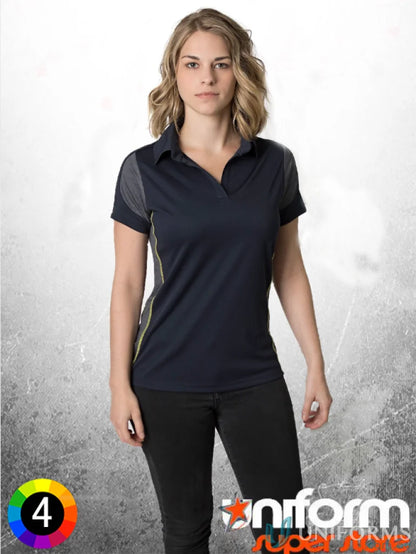Woman wearing Ladies Black Kanvas Contrast Polo with aegis microbe shield and cooldry moisture management