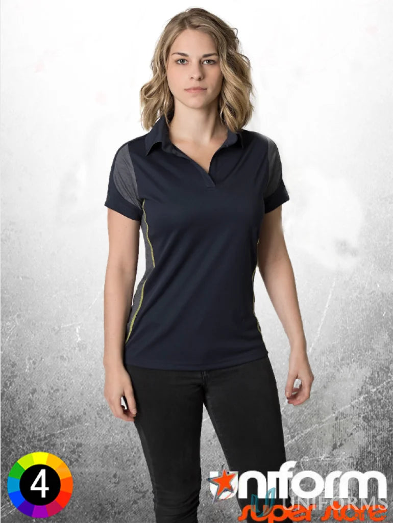Woman wearing Ladies Black Kanvas Contrast Polo with aegis microbe shield and cooldry moisture management