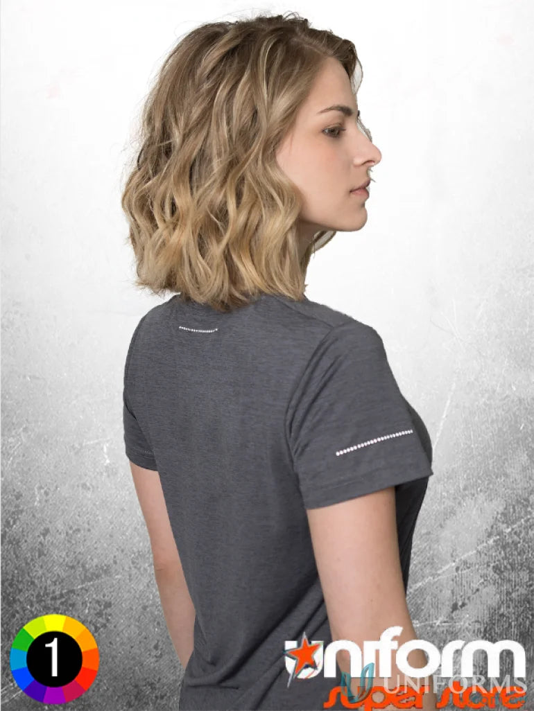 Gray short-sleeved shirt with soft touch fabric, featuring aegis microbe shield and cooldry moisture management