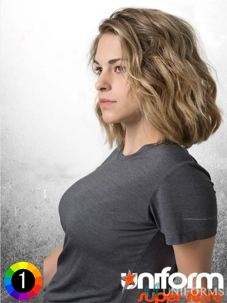 Gray short-sleeved t-shirt with soft touch fabric, featuring aegis microbe shield and cooldry moisture management