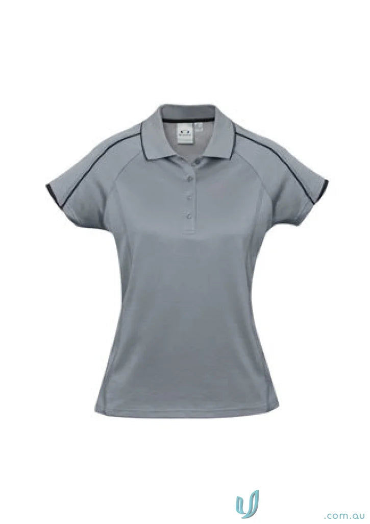 Gray polo shirt with black trim from Ladies Blade Polo collection, perfect for biz casual