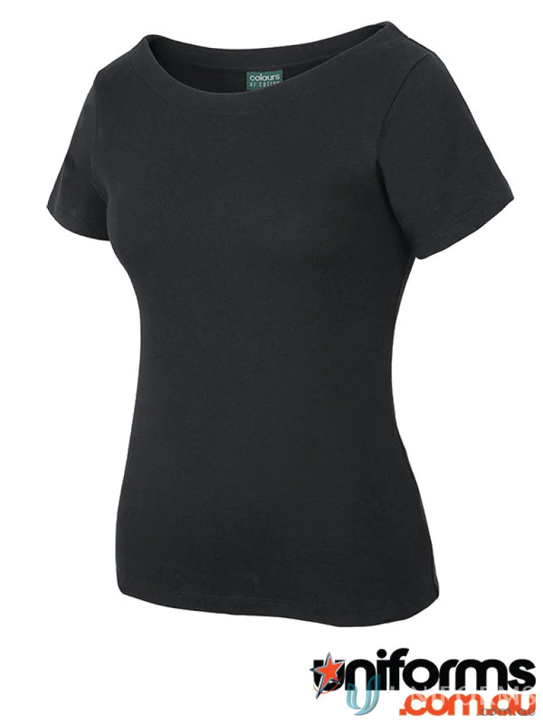Black Short-Sleeved Ladies Boat Neck Tee for casual wear or work uniforms