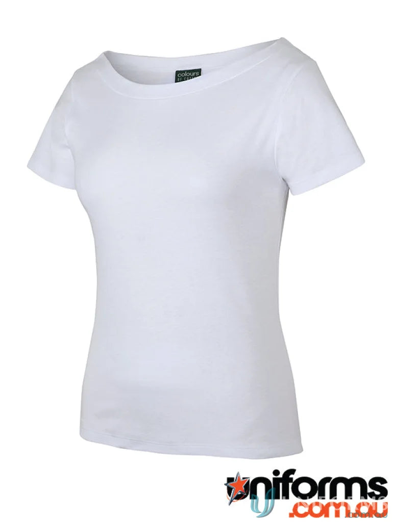 White women’s boat neck tech tee perfect for workwear and uniforms