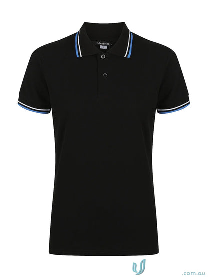 Black men’s polo shirt with blue and white striped trim, perfect for ladies Bobby polo style