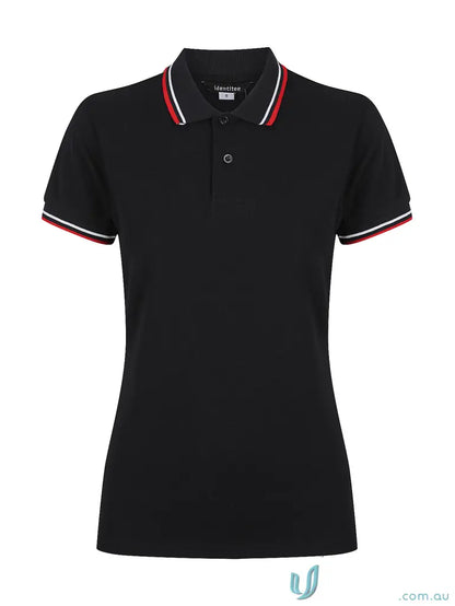 Ladies Bobby Polo black short-sleeve shirt with red and white striped trim
