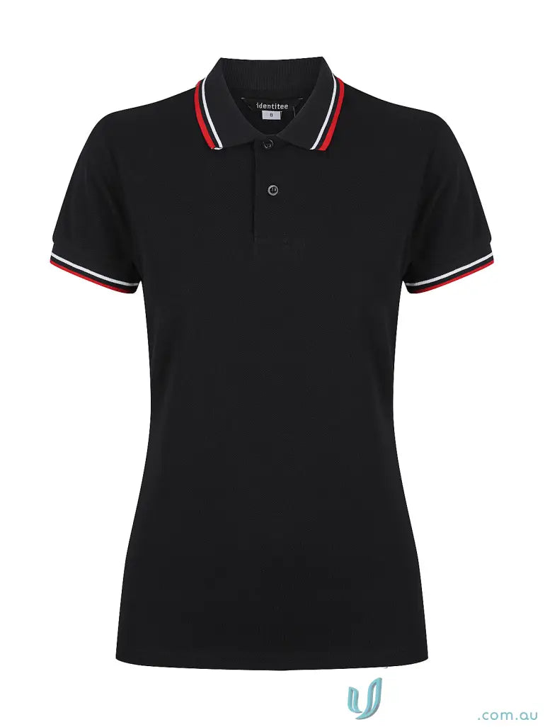 Ladies Bobby Polo black short-sleeve shirt with red and white striped trim