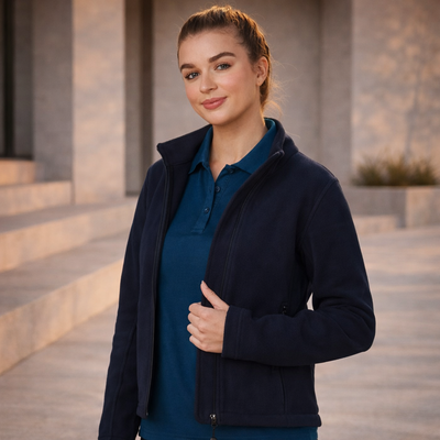 Ladies PF08 Frost bonded polar fleece jacket in navy blue with collar