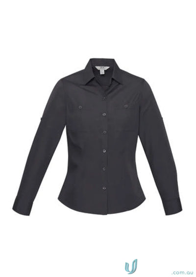 Ladies Bondi Roll Up LS Shirt in dark gray long sleeve button-down for women