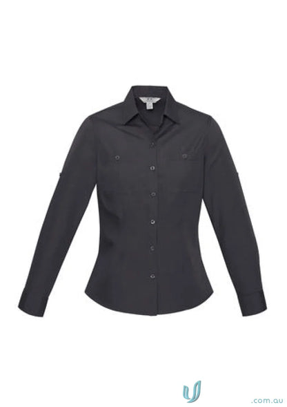 Ladies Bondi Roll Up LS Shirt in dark gray long sleeve button-down for women