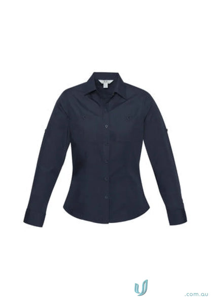 Navy blue ladies Bondi Roll Up LS Shirt, perfect for women’s Bondi long sleeve style