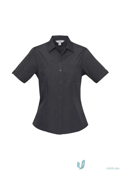 Dark gray women’s bondi short sleeve button-down shirt from Biz Collection Ladies