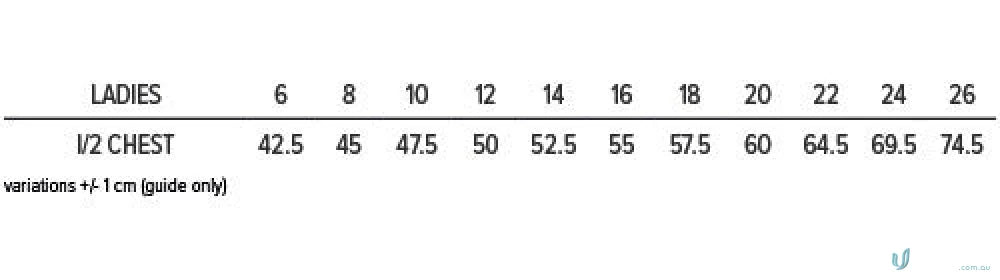 Size chart for Ladies Botany Polo fabric and workwear uniforms with half chest cm measurements