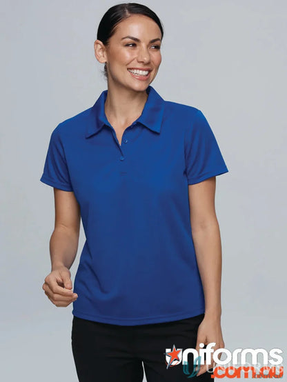 Smiling woman in royal blue Ladies Botany Polo fabric workwear uniform