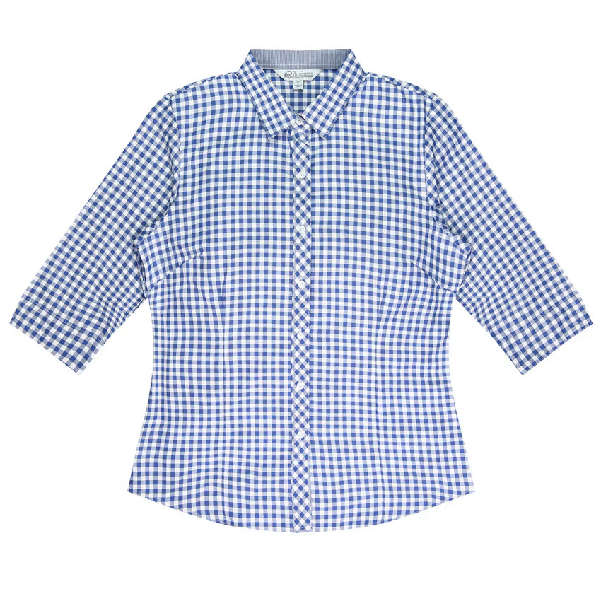 Brighton lady shirt: blue white gingham 3Q sleeve button-up