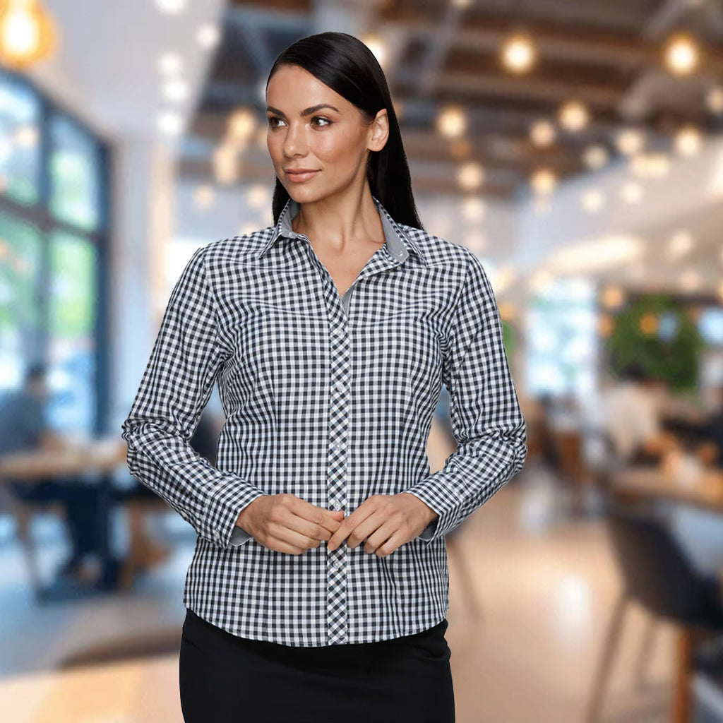 Woman in Brighton lady shirt, black white gingham long sleeve button-down