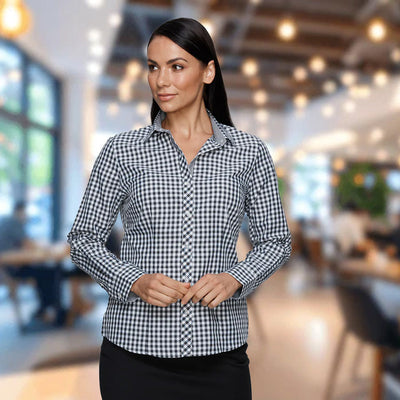 Woman in Brighton lady shirt, black white gingham long sleeve button-down