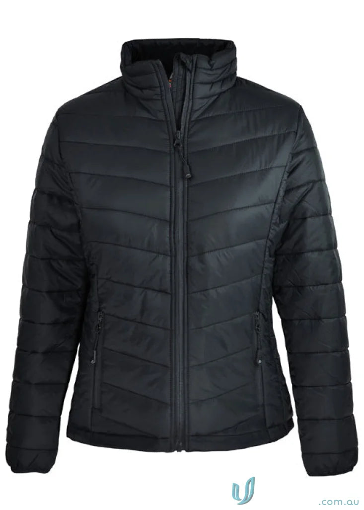 Ladies Buller Jacket featuring a stylish black quilted puffer workwear look