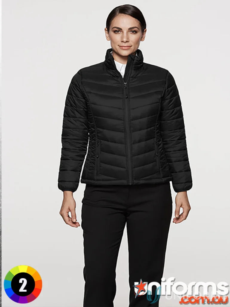 Black quilted puffer jacket from Buller workwear for stylish uniforms or casual wear