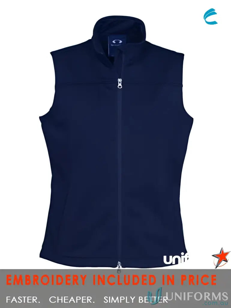 Navy blue Ladies C-EMB Soft Shell Vest with bonded polyester, full zipper, stand-up collar