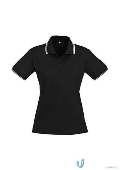 Ladies Cambridge Polo from Biz Collection Ladies featuring black cambridge short sleeve with white stripes