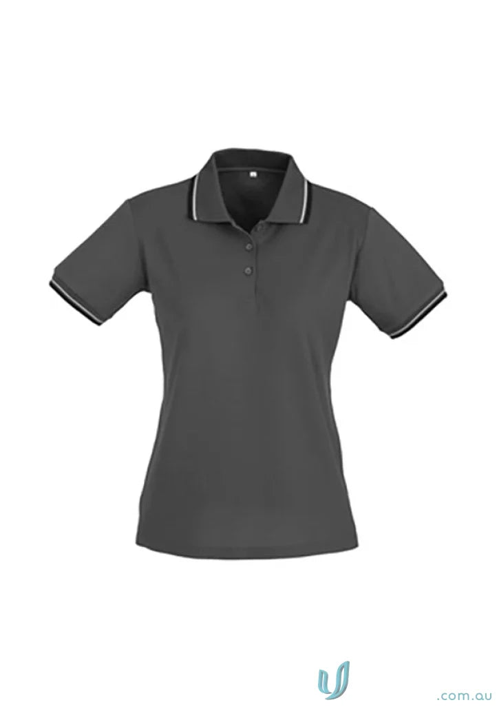 Ladies Cambridge Polo from Biz Collection Ladies in charcoal grey with striped trim