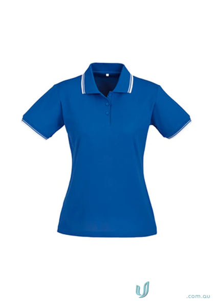 Vibrant blue Ladies Cambridge Polo with white striped trim from Biz Collection Ladies