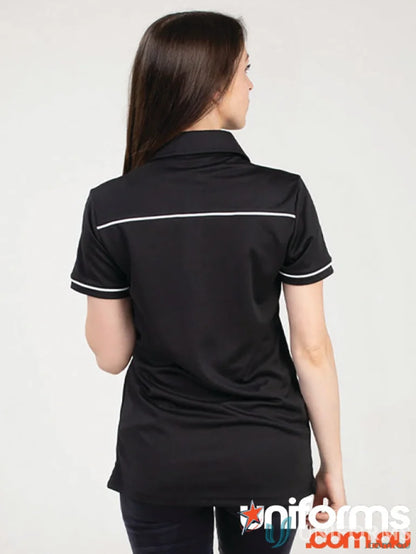 Ladies Campbell Polo in black with white trim made from meet global recycled fibres featuring cooldry moisture management