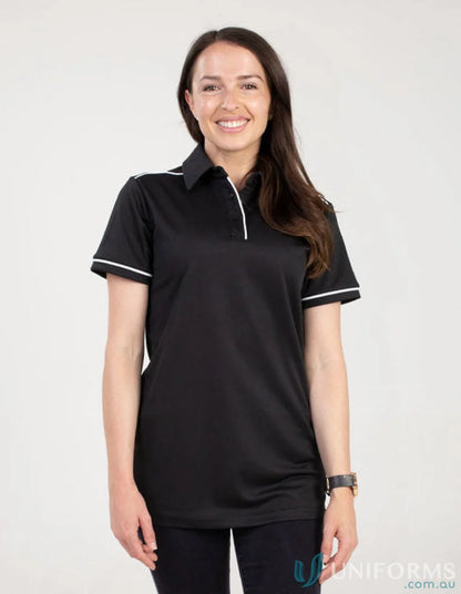 Ladies Campbell Polo in black with white trim made from recycled fibres for cooldry moisture management