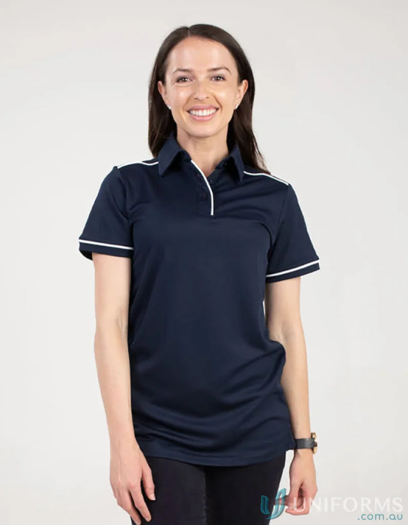 Ladies Campbell Polo in navy blue with white trim made from recycled fibres for cooldry moisture management