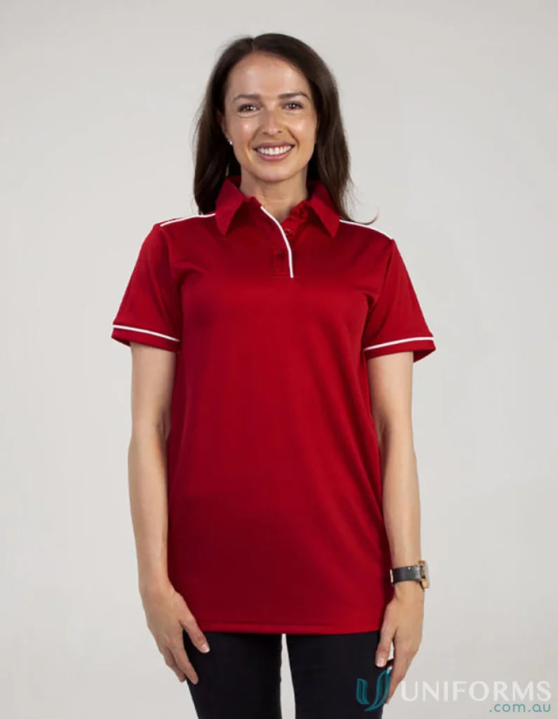 Ladies Campbell Polo in red with white trim made from recycled fibres for cooldry moisture management