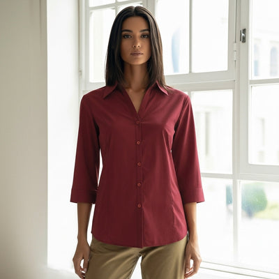 Ladies Chelsea stretch 3Q sleeve shirt in sleek burgundy Biz Collection