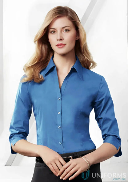 Ladies metro Biz Collection Ladies Chelsea Stretch 3Q shirt with blue button-down sleeve shirt