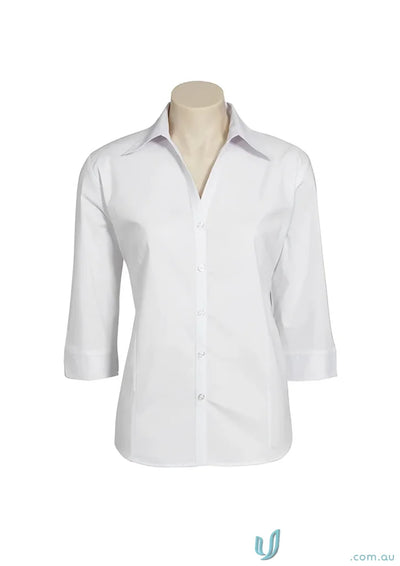 White ladies metro Biz Collection Chelsea Stretch 3Q sleeve shirt for a cool biz look