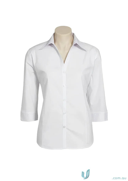 White ladies metro Biz Collection Chelsea Stretch 3Q sleeve shirt for a cool biz look