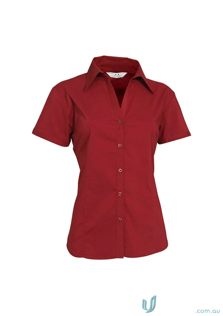 Maroon women’s metro stretch SS shirt from Biz Collection Ladies for a sleek look