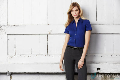 Women’s metro biz collection ladies stretch ss shirt in blue with gray pants casual look