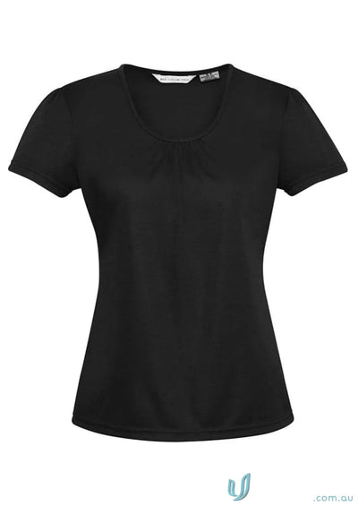 Black short-sleeved V-neck T-shirt from K315LS Ladies Chic collection, versatile style in polyester interlock knit