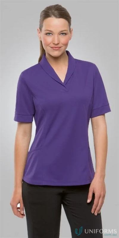 Woman in purple roll collar Top from Ladies City Health Active Workwear collection