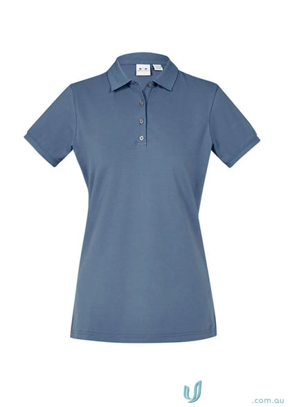 Ladies City short sleeve polo shirt in muted blue with three-button placket and collar