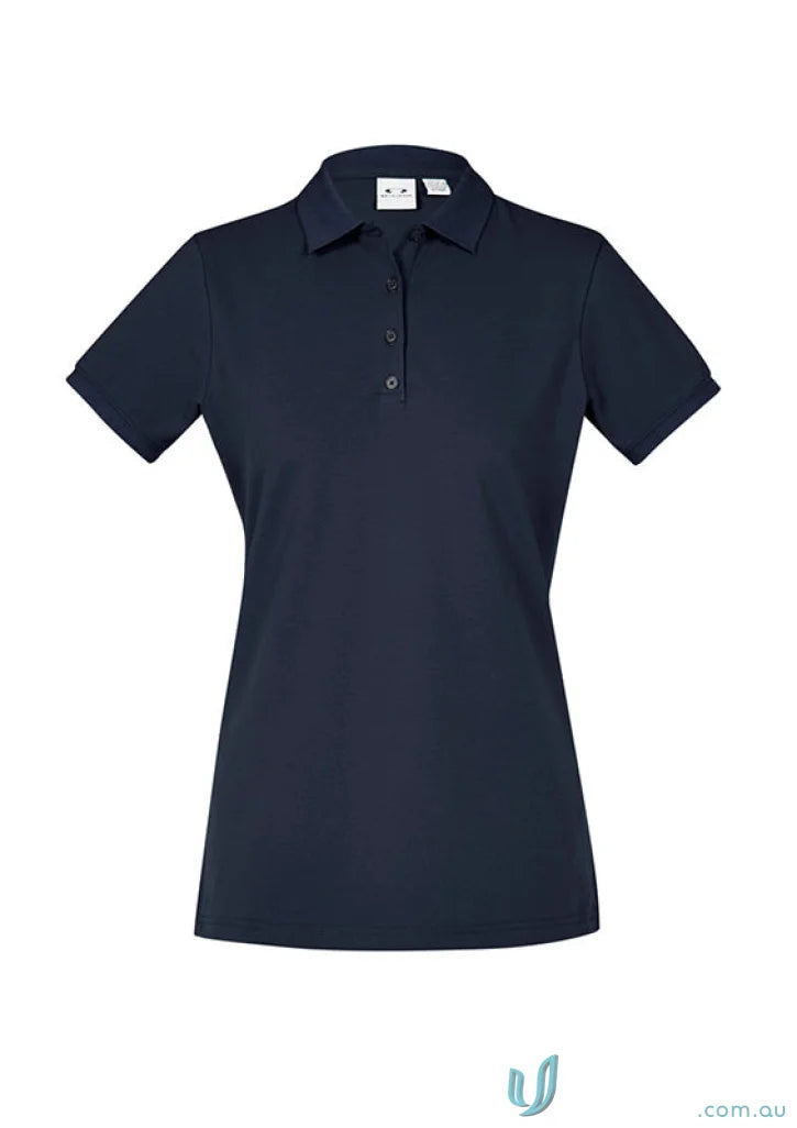 Ladies City navy blue short sleeve polo shirt with collar and three-button placket
