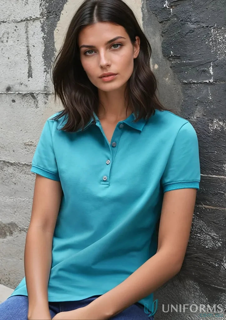 Ladies City short sleeve polo shirt in teal with three-button placket for a stylish look
