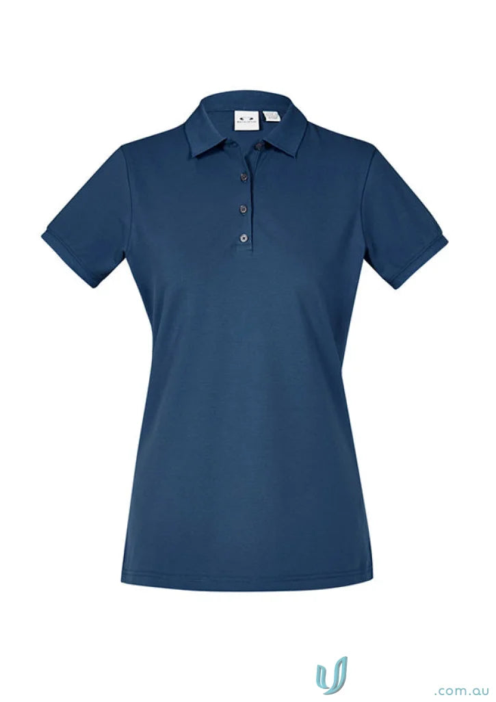 Ladies City short sleeve polo shirt in dark blue with four-button placket