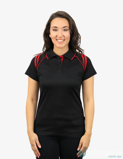 Ladies Cobra SS Polo with black and red design featuring cooldry moisture management tech