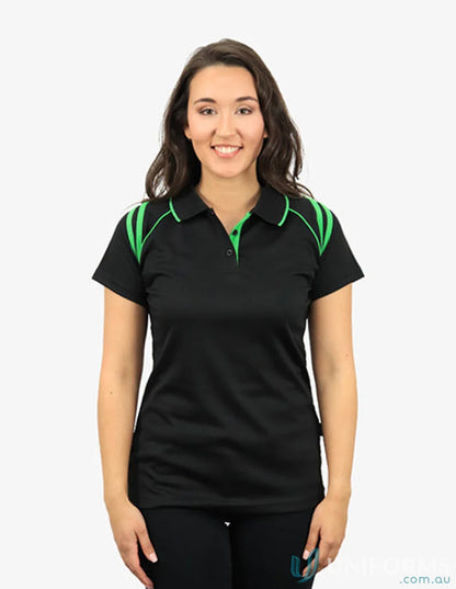 Ladies Cobra SS Polo in black with green accents showcasing cooldry moisture management technology