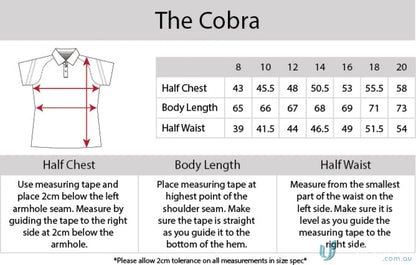 Clothing size chart for Ladies Cobra SS Polo with cooldry moisture management tech