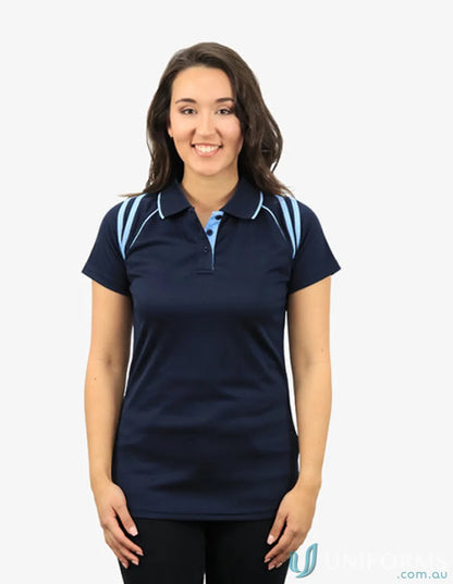 Ladies Cobra SS Polo in navy blue with light blue accents showcasing cooldry moisture management technology
