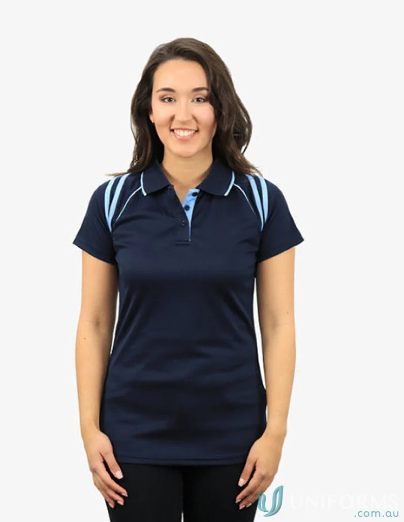 Ladies Cobra SS Polo in navy blue with light blue accents showcasing cooldry moisture management technology