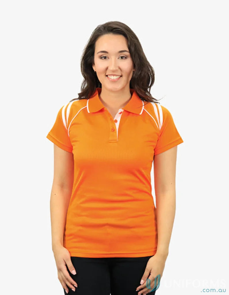 Ladies Cobra SS Polo in orange with white accents showcasing cooldry moisture management tech